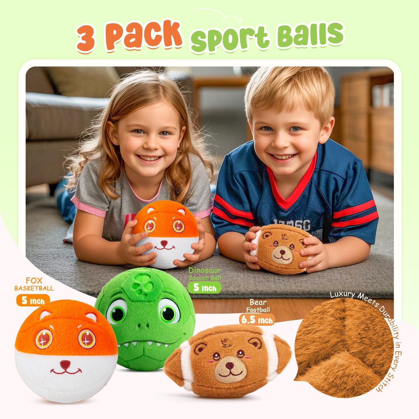 VangeBow 3 Pack Soft Sports Balls for Toddlers 1-3, Inflatable Plush Baby Balls Set for Kids 3-5, 5 Inch Soccer Ball & Basketball, 6.5 Inch Football, Mini Toddler Ball Toys for Boy Girl First Gifts