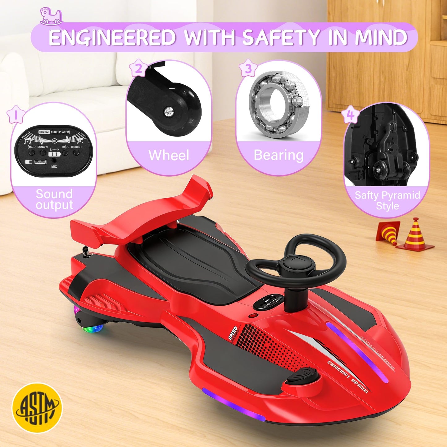 12V Electric Wiggle Car with Pedal for Kids, Rechargeable 2 in 1 Swing Toy, Devil Drifting Car with Backrests, Anti-Rollover, Spray, Light, Bluetooth, Maximum Speed up to 4 mph, for Ages 3 and Up