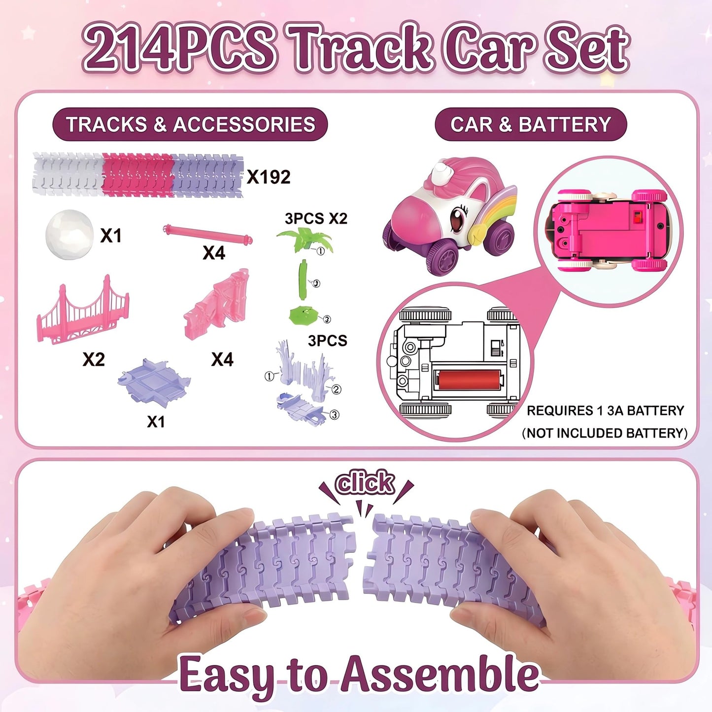 Race Car Tracks Toy Set for Girls Age 3-8, 214PCS Pink Princess Cars Toys with Monster Truck & Magic Bendable Train Tracks, Flexible DIY Raceway Set for Toddler Girls Christmas Birthday Gifts