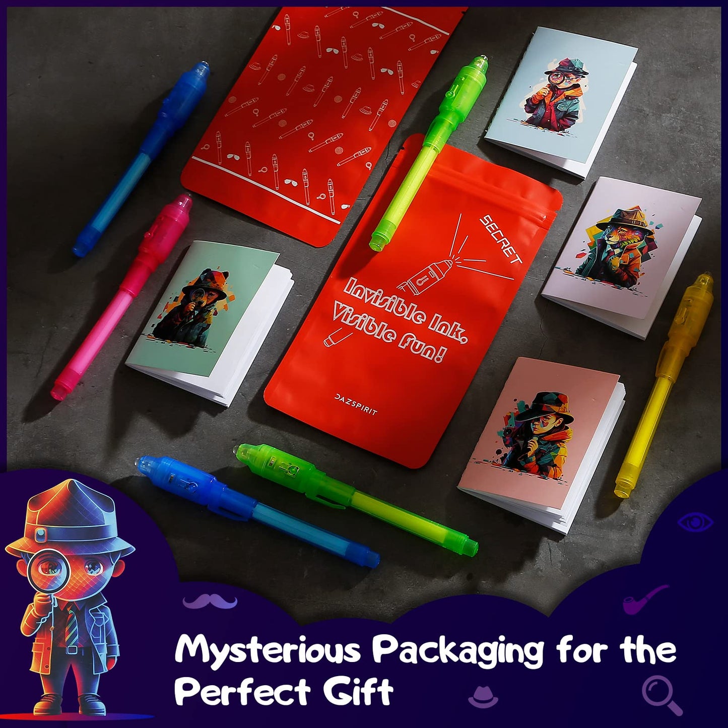 DazSpirit 32 Pack Invisible Ink Pens with UV Light, Detective Notepads & Gift Bags, Classroom Prizes, Treasure Box Fillers, Goodie Bag Stuffers, Spy Party Favors for Kids 8-12, Prize Box Toys