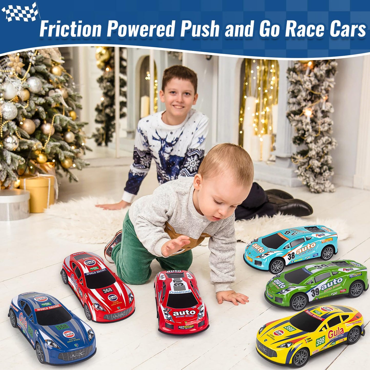 YEQOIZ Race Toy Cars for Toddler Boys Girls 7 Inch Friction Powered Trucks for Kids Ages 3 4 5 6 7 8 Years Old Stocking Stuffers for Kids - 6Pack