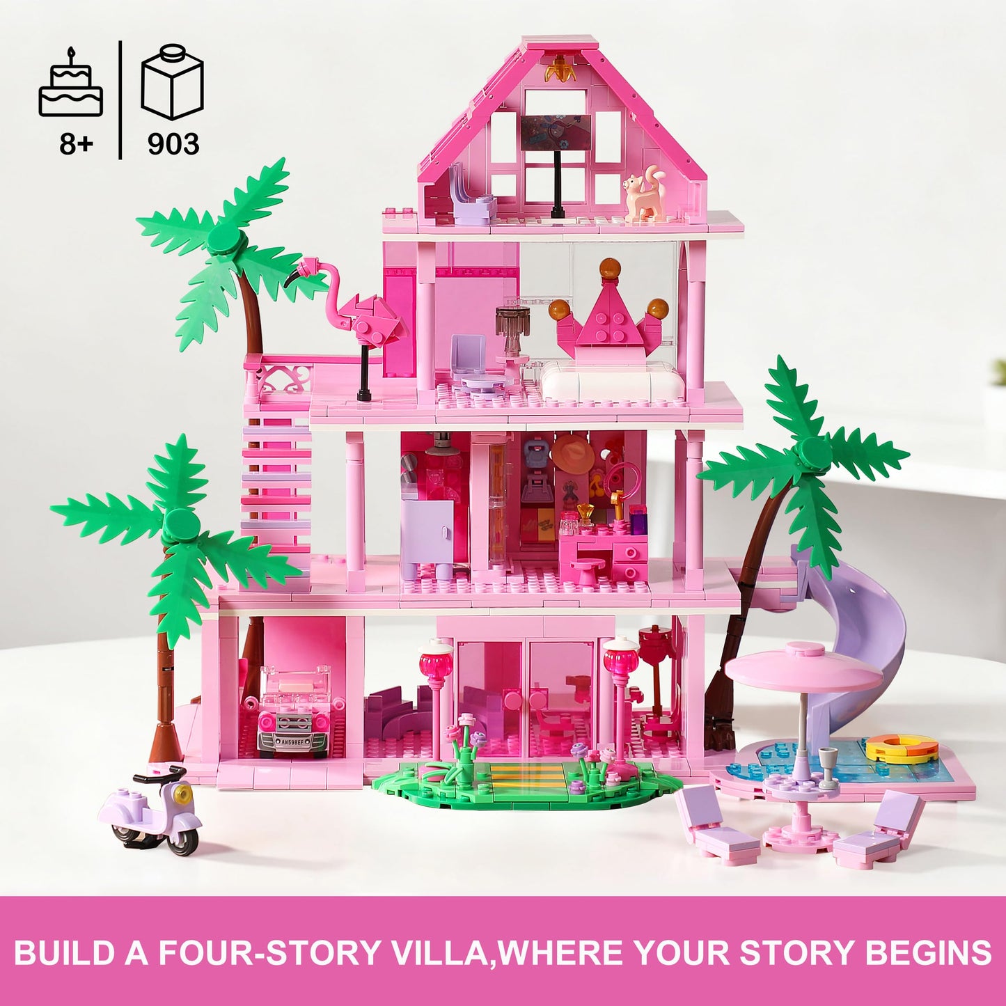 Girls House Building Sets Compatible with Lego Friends for Girls Age 8-12, 4-Story Pink Villa Building Blocks Toys with Pull-Out Floors, 903 Pieces Great Birthday Gift for Girls 8-14
