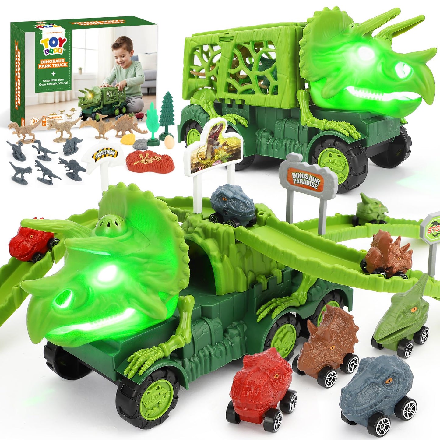 TOY Life Triceratops Dinosaur Truck with Track & Lights & Sounds, Dinosaur Toys for Kids 3-5 Transport Playset with Dino Cars, Fossil & Scene Assembly Toys for 2 3 4 5 Year Old Boys