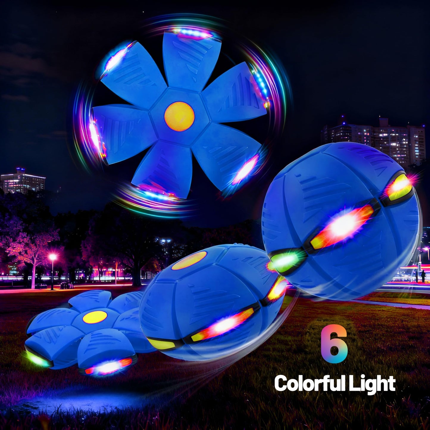 Magic Metaball, Children's Bouncing Ball, 2PCS Magic Flying Saucer Interactive Pop-Up Transform Toy, Parent-Child Interaction Blue and Green Bouncy Ball, Delay Frisbee Flying Disc Toy with 6 Light