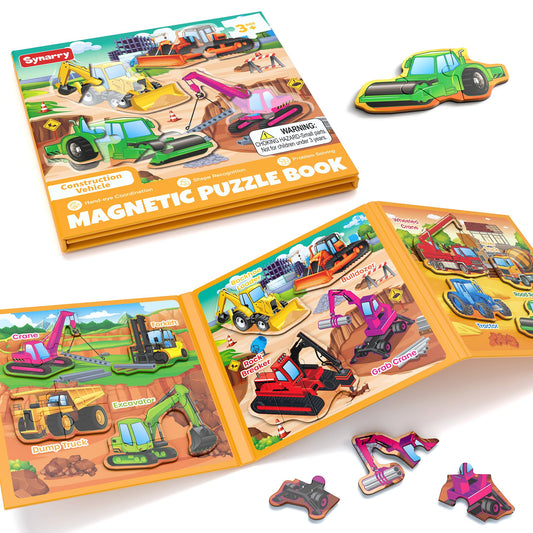 SYNARRY Magnetic Puzzles for Toddlers 3-5, Toddler Travel Toys Construction Toys Excavator Puzzles for Toddlers 2-4, Vehicle Puzzles for Kids Ages 4-6, Car Airplane Road Trip Activities Easter Gifts