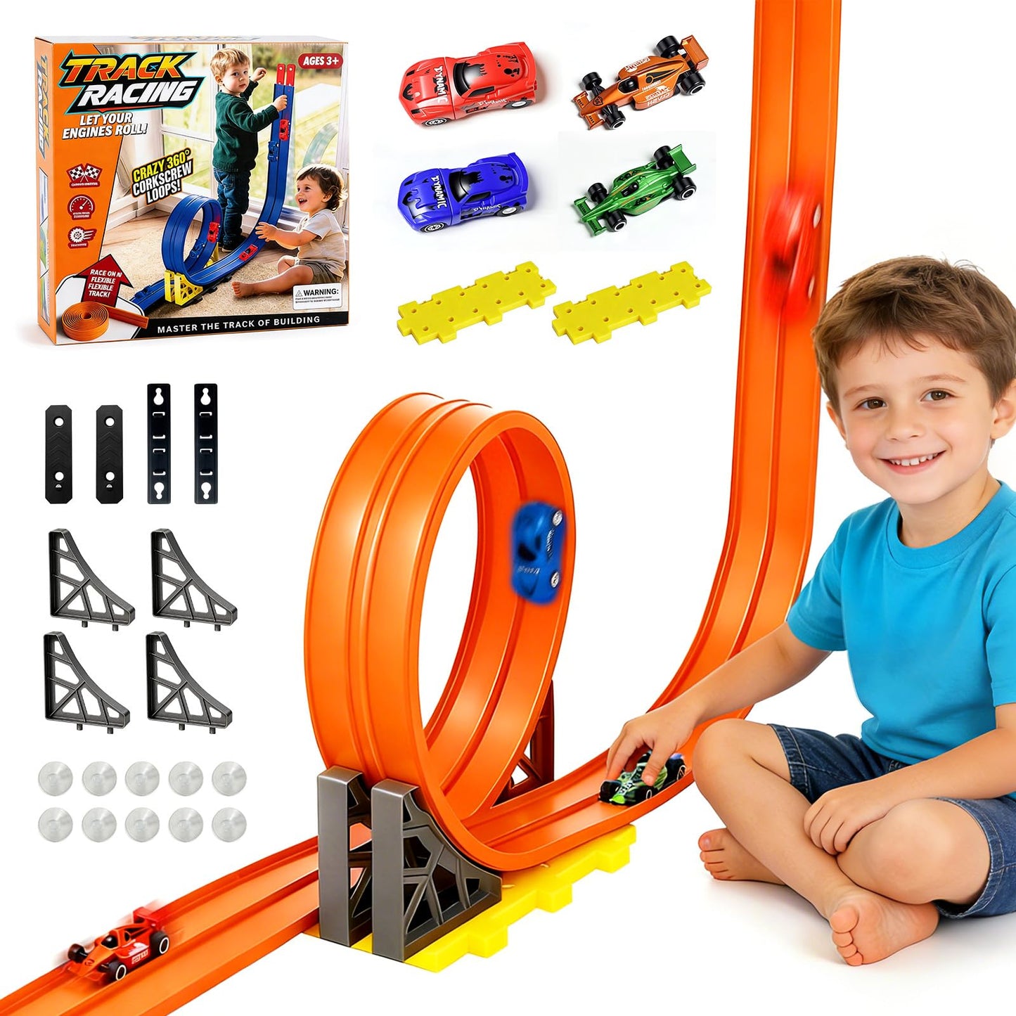 Innovakids Flexible Race Track for Kids - 16.4 Ft Portable Rolls Up Circular Track with Bracket 4 Racing Cars Suction Cup, 3+ Years Car Ramp Kid Toy Compatible with Normal Diecast 1/64th Cars (Orange)