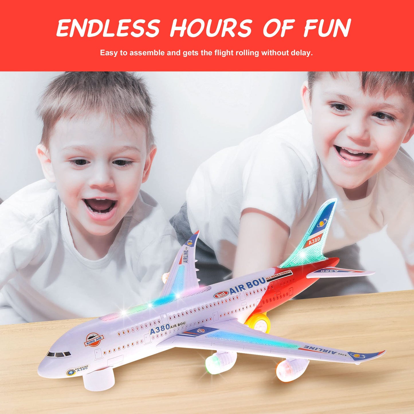 PowerTRC 2 Packs Kids Airplane Toys, Bump & Go Action Toddler Toy Airplane with LED Flashing Light, Music, Airplane Sound, Great Gift for Boys Girls Ages 3-12