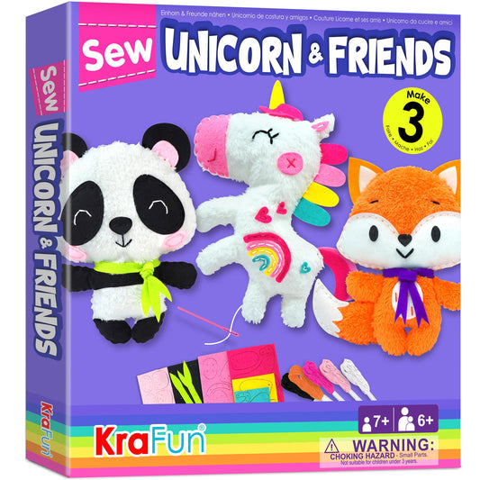 KRAFUN Unicorn Beginner Animal Sewing Kit for Kids Age 7-13 My First Art & Craft, Includes 3 Stuffed Animal Dolls Panda, Fox, Instructions & Plush Felt Materials for Learn to Sew, Embroidery