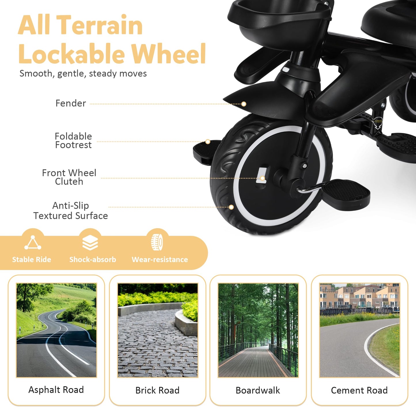 TODEFULL Folding Kids Tricycle, 8 in 1 Toddler Trike W/Removable & Adjustable Canopy, Parent Handle, 5-Piont Harness, Toddler Bike Tricycle for Kids 1-6 Years, EVA Wheels, Storage Basket, Khaki