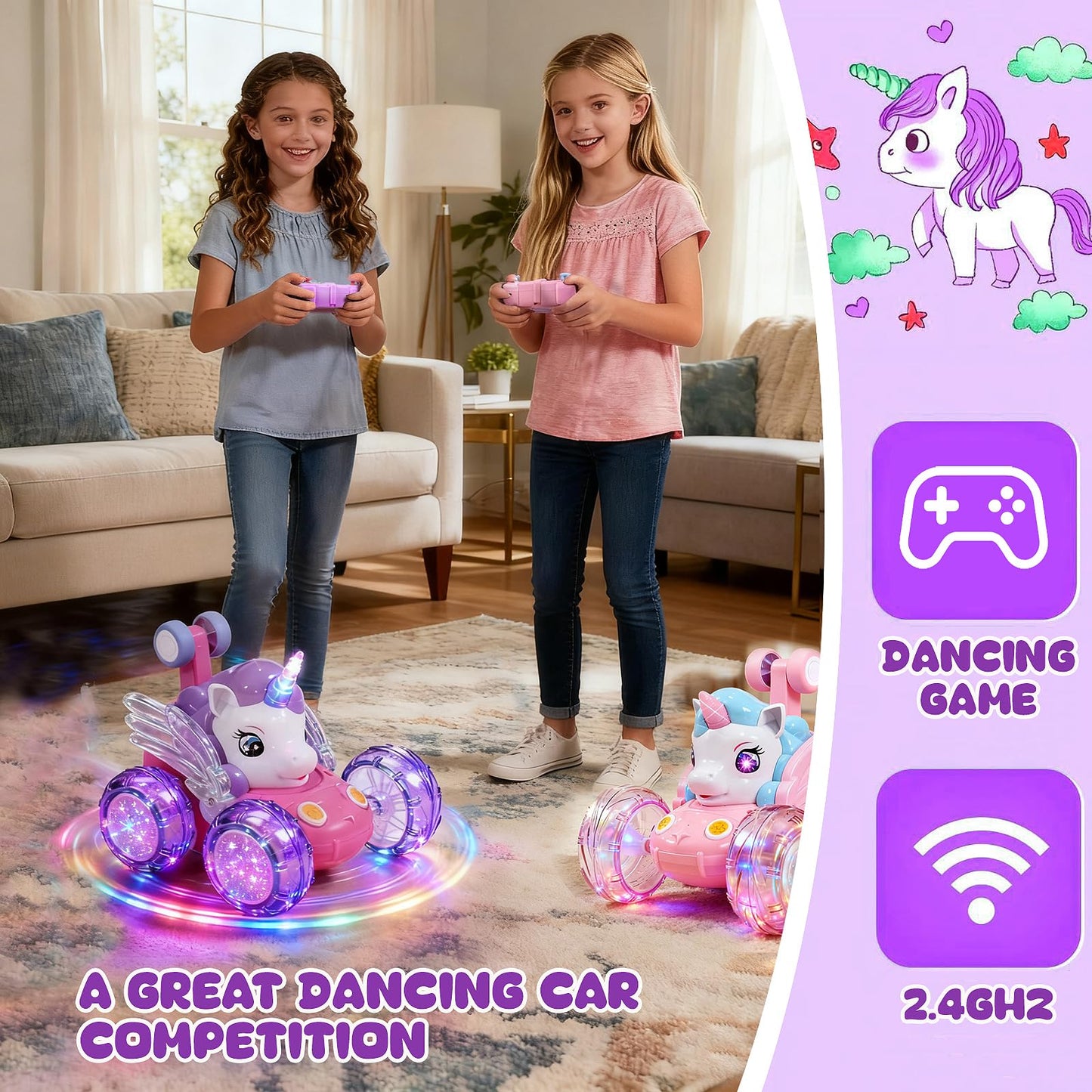 Unicorn Toys RC Car for Girls 4-6 Beginner-Friendly Cute Remote Control Toy - High-Speed All-Terrain 360°Flips Stunt & Cool Blinky Lights Ideal Christmas Birthday Gift for Age 3 4 5 6 7 8 - Purlple