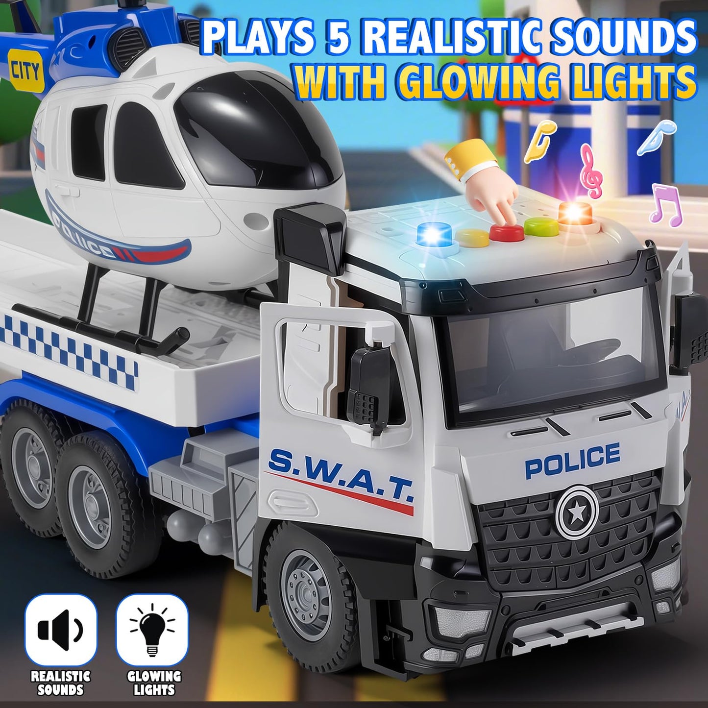 WEMOKA Police Truck Toys for Toddler Boy 3 4 5 6 Year Old, 22.5" Semi Truck Toy with Racing Car and Helicopter, Openable Doors, Realistic Sounds and Lights, Birthday Gifts for Kids Child