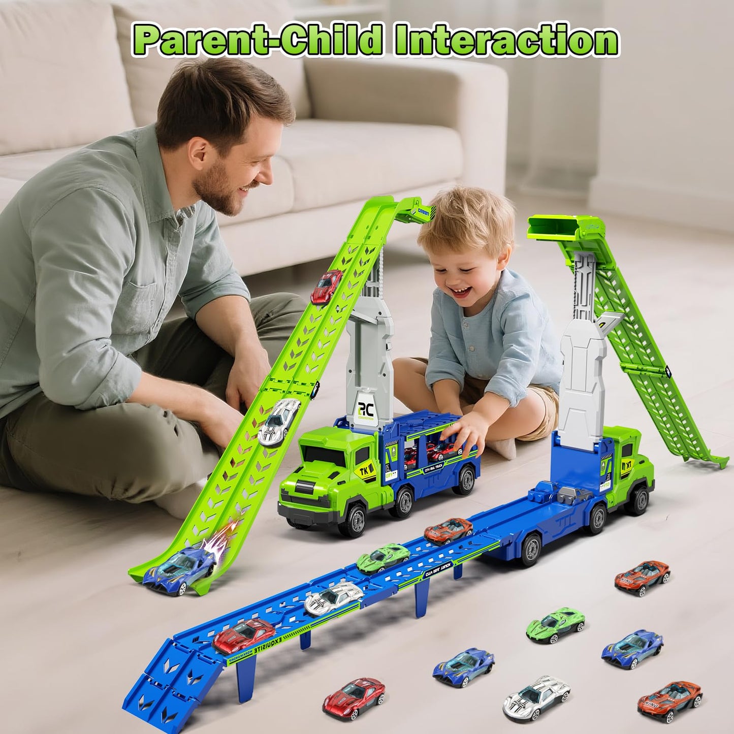 Kids Toys for 3 4 5 6 7 8 Years Old Boys, 3 in 1 Carrier Truck Transport Car Toys, Foldable 2 Track Truck Playset with 25-in Race Track, 6 Metal Toy Cars, Birthday Toy Gift for Toddler Boys Girls