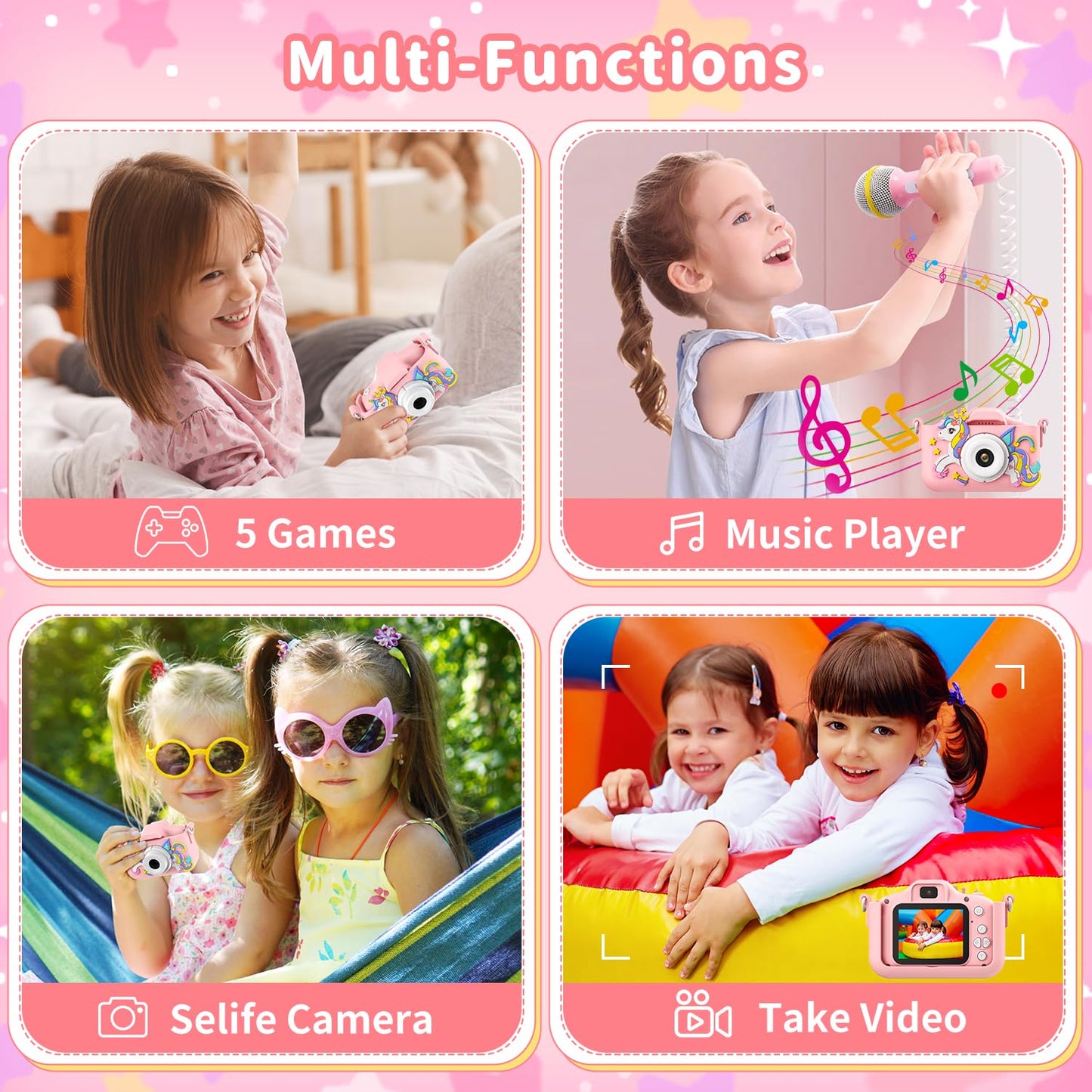 Pink Unicorn Kids Camera, Digital Camera for Toddler Boys Girls Children Selfie Camera Toy with 2 Inch Screen, 32GB Card for Age 3-12 Birthday (A Pink Unicorn)