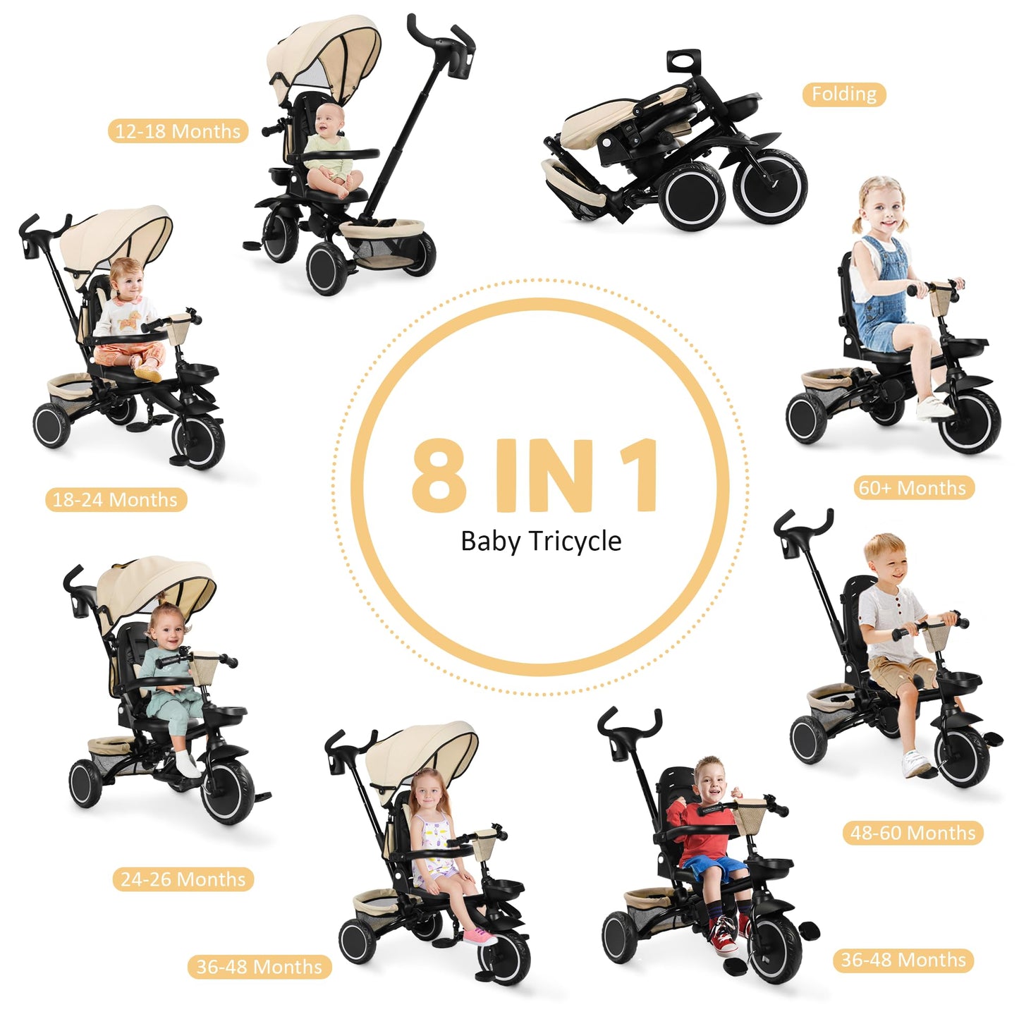 TODEFULL Folding Kids Tricycle, 8 in 1 Toddler Trike W/Removable & Adjustable Canopy, Parent Handle, 5-Piont Harness, Toddler Bike Tricycle for Kids 1-6 Years, EVA Wheels, Storage Basket, Khaki