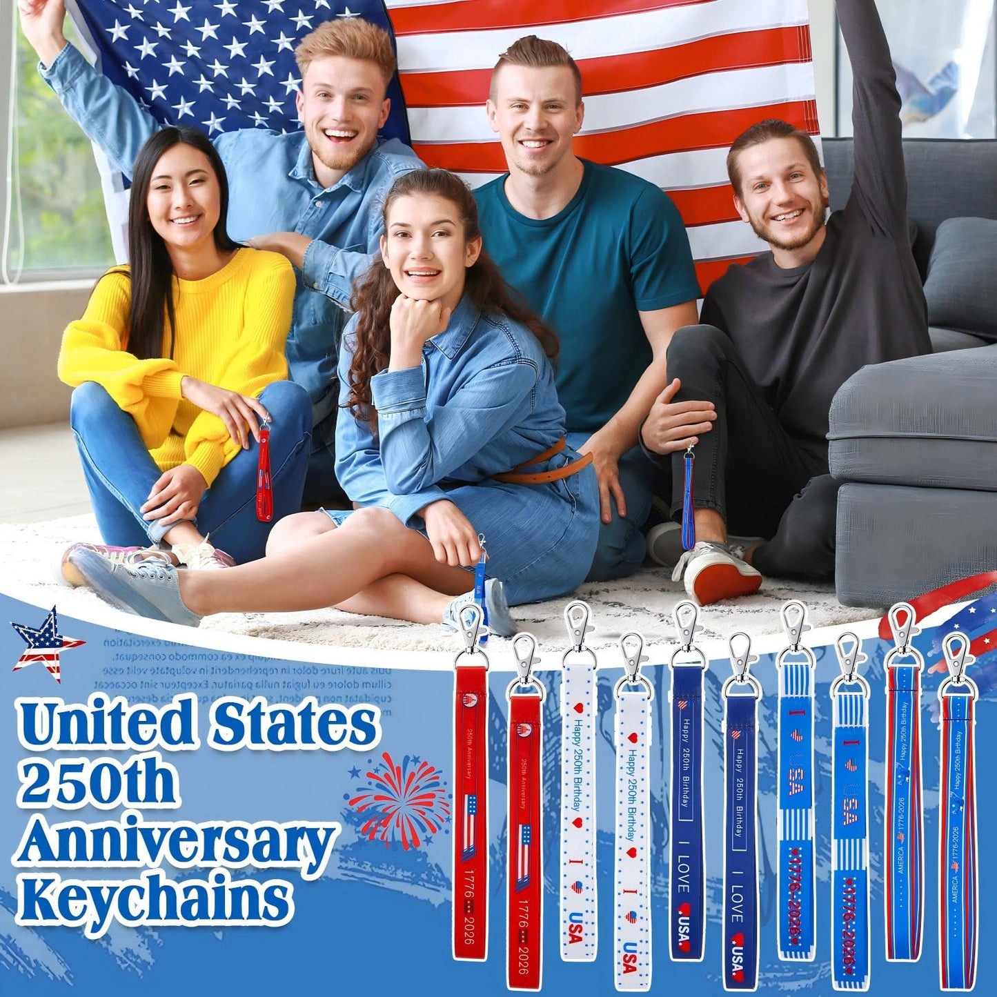 Equsion 100 Pcs 250th Anniversary Keychains Gifts 4th of July Accessories Patriotic Party Favors Bulk American USA Flag Key Chains for Independence Day Party Accessories Star Stripe Souvenir