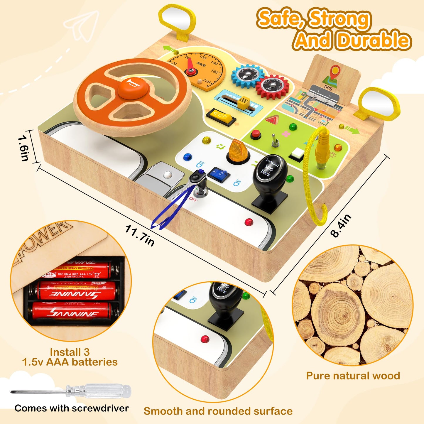 JGOBUB Montessori Toddler Toys - Baby Wooden Busy Board - Sensory Toys with Light Switch - Travel Toys for Educational Toddler Activities for Toddlers 3 4 5 6+ Year Old