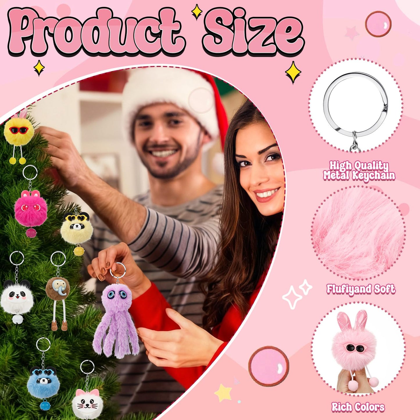 Equsion 48 Pcs Kawaii Keychains Bulk Cute Plush Keychains Fluffy Pompoms Balls with Tassels and Keyrings Key Chain Kawaii Party Favors for Birthday Goodie Bags Piñata Prizes(Funny)