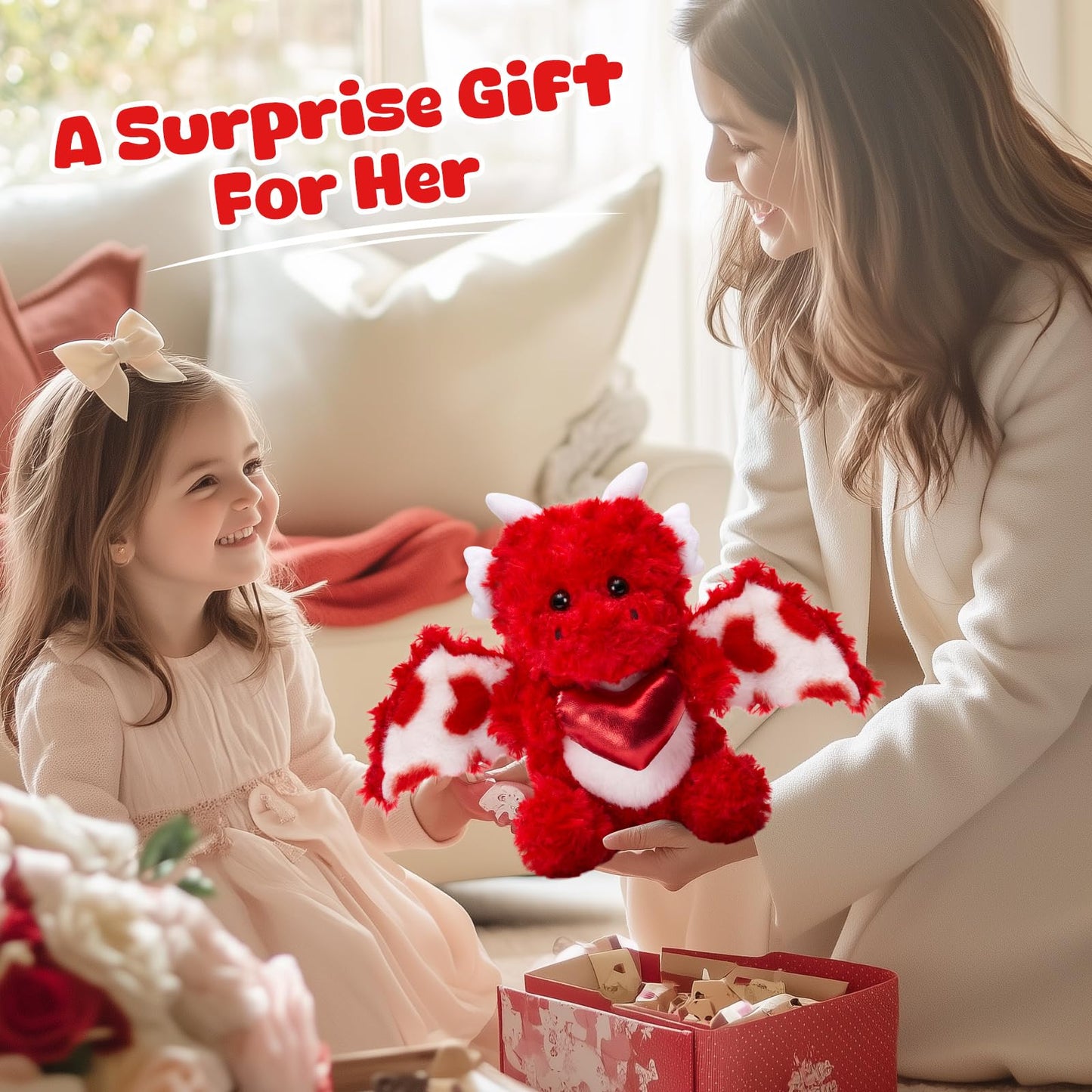 HappySpot Mother's Day Love Dragon Stuffed Animal, Soft Red Dinosaur Plush with Heart, Adorable Flying Dragon Plush Toys for Kids Girlfriend Wife Mother, 10''