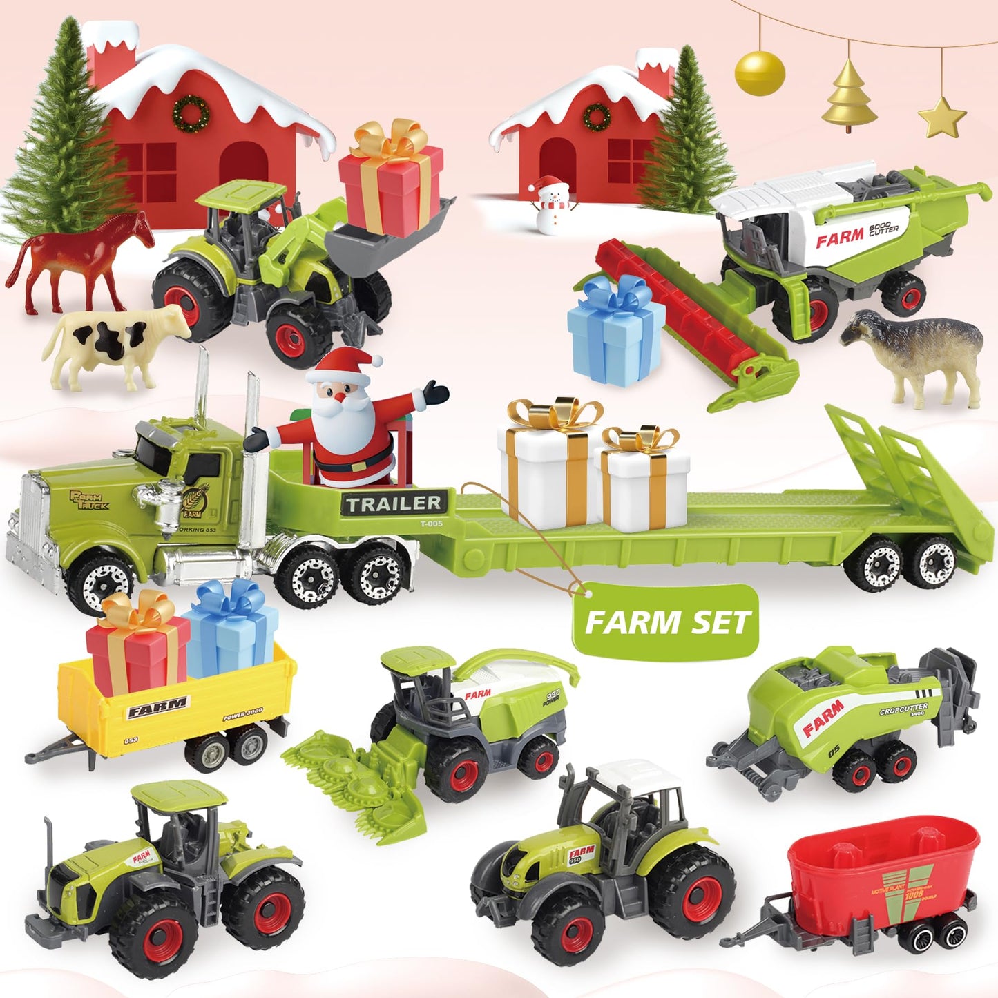 Oriate Kids Farm Toys Realistic Tractor Vehicle Playset, Diecast Car Set Educational Mini Farm Animals with Flatbed Trailer, Birthday Gift for Children 3 Year Old
