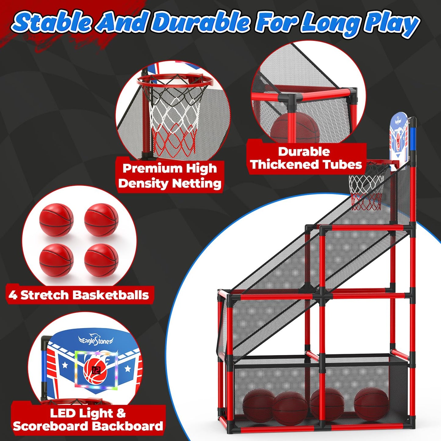 EagleStone Kids Adjustable Arcade Basketball Hoop with LED Lights & Scoreboard, 4 Balls Ball Storage Net, Indoor Outdoor Carnival Basketball Game Set for Boys & Girls Ages 3-12, Pump Included