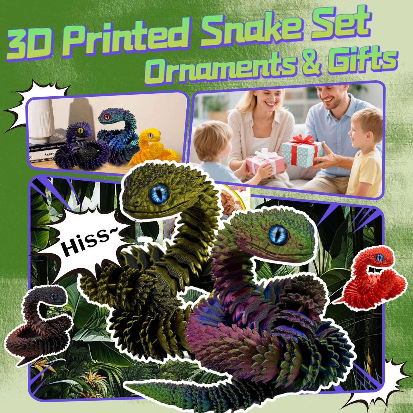 KAMOVNY 5PCS 18Inch 3D Printed Snake,Articulated Crystal Snakes Figures for Stress Relief, Creative Desk Decor Idea for Kids Adults(Combination 1)