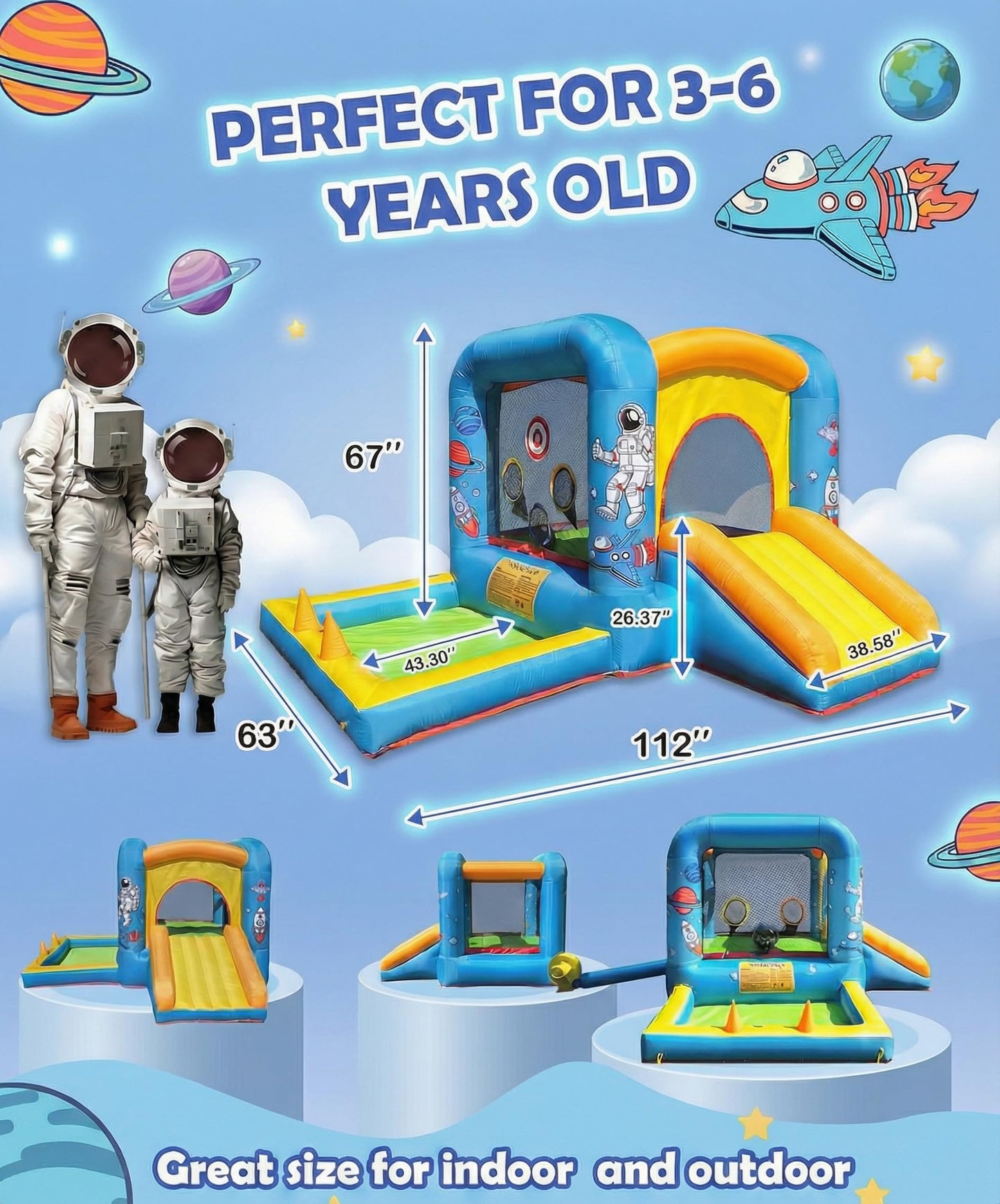 NBSPORT Inflatable Bounce House with Blower for Kids 3-6 y/o, Jumping Castle with Slide, 112x63x67'' Toddlers Bouncer with Ball Pit, Bouncy House for Indoor/Outdoor