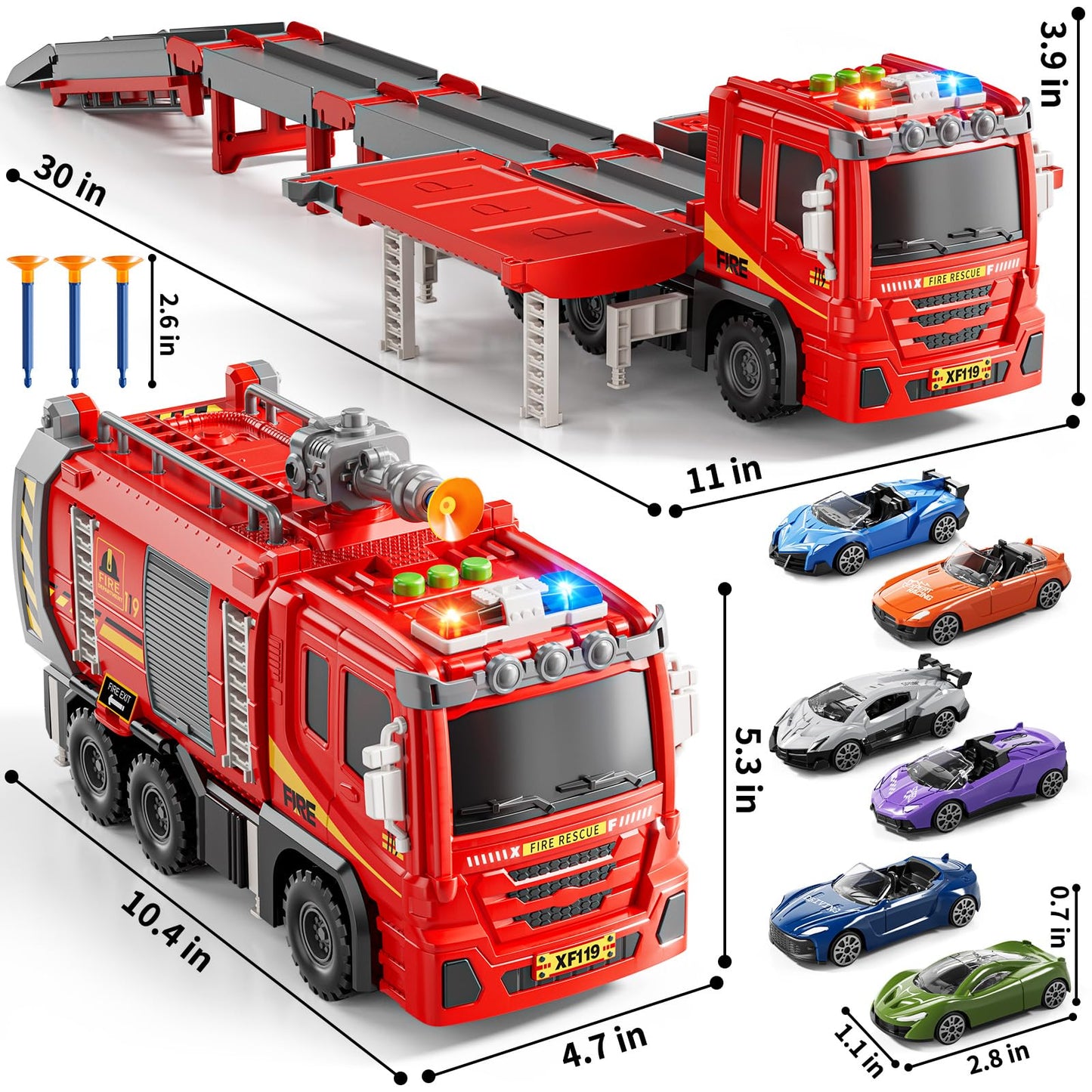 XINNOVEL Fire Trucks Toys for Toddlers Ages 3-5, Folded Carrier Truck Race Track with with Lights & Sounds and 6 Racing Car Toys, Birthday Gift for 3 4 5 6 7 8 Years Old Boys Girls