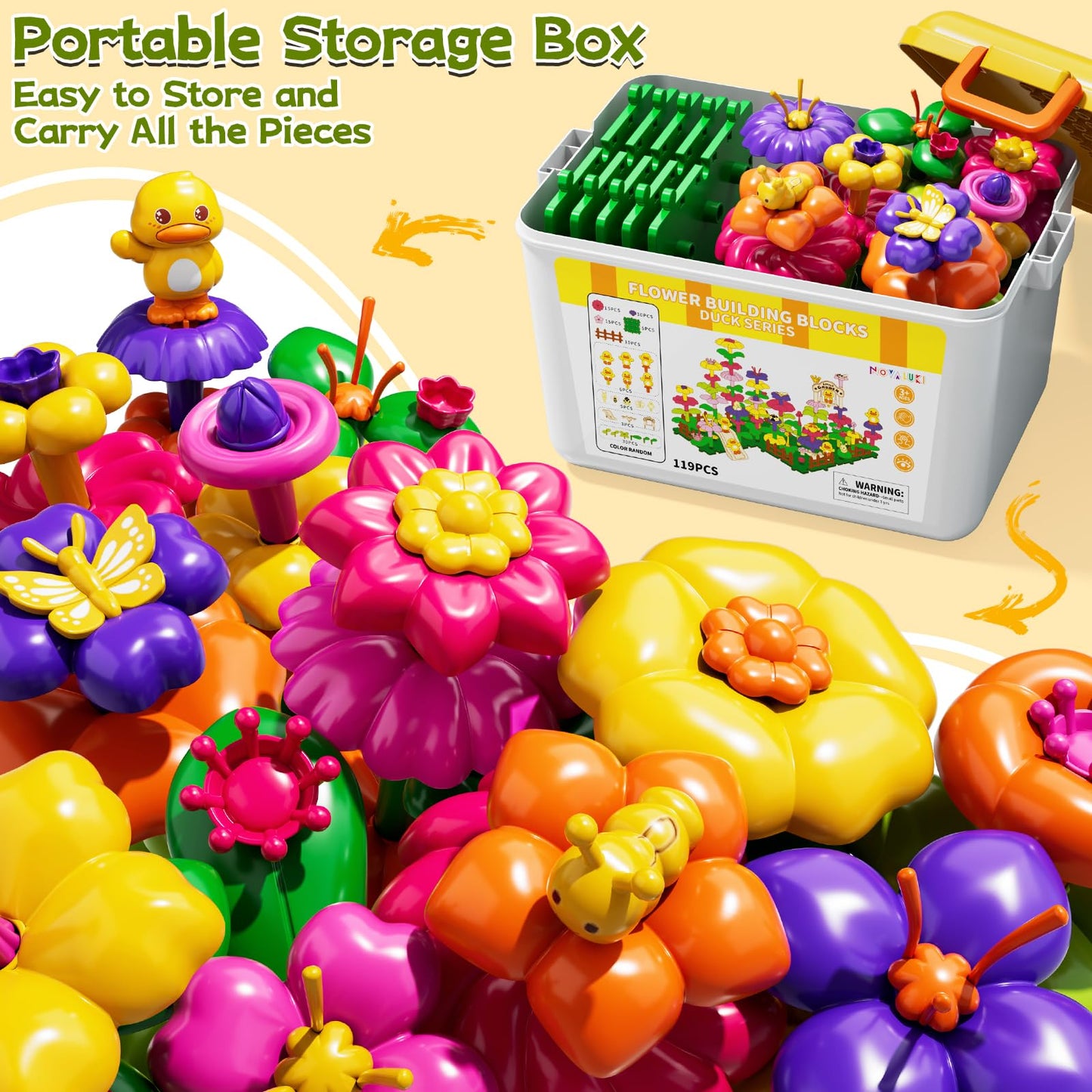 Novaluki Flower Garden Building Toys for Toddler 3 4 5 6 7 Years Old, 119Pcs DIY Stacking Toys with Storage Box, Kids STEM Preschool Educational Toy, Christmas Birthday Gift for Girls Ages 3-5