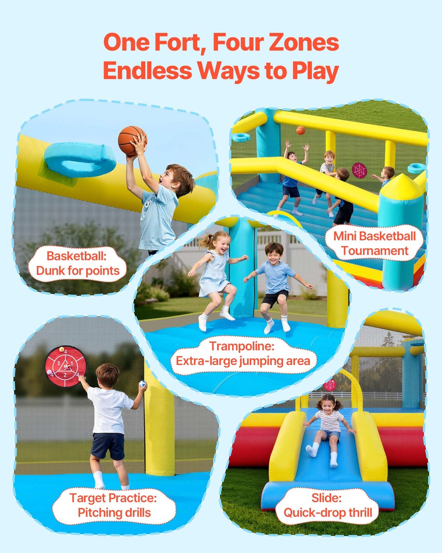 VEVOR Inflatable Bounce House, 14.7 x 13.8 x 6.8 ft Jumping Bouncy Castle, Inflatable Jumper for Kids with Slide, Basketball Hoop, Target Game & Jumping Area, Jumpings House Holds 3-4 Kids (Ages 3-8)