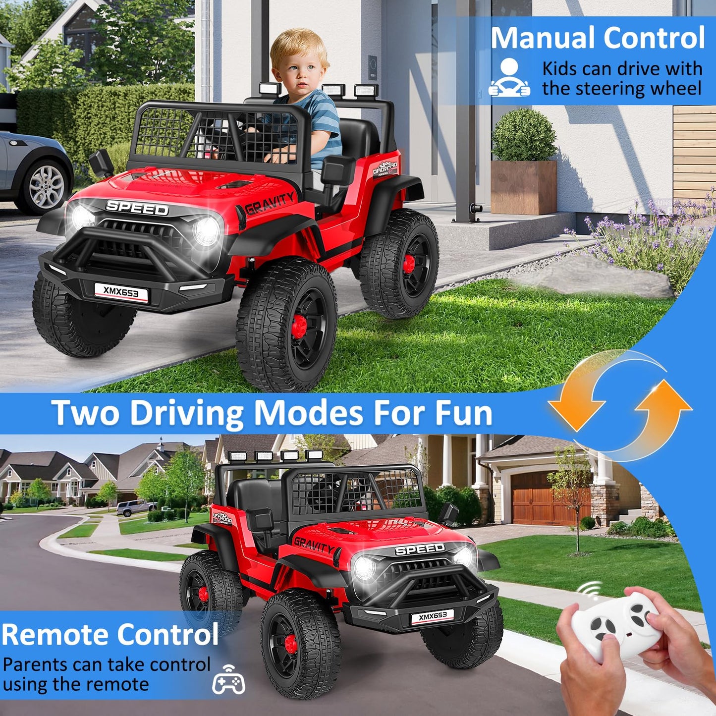 Hikole 24V Ride on Car with Remote Control, Power Car Wheels for Kids, Music Player, Shock Absorption, LED Lights, 3 Speeds, Safety Belt, Electric Car for Girls Boys, Red