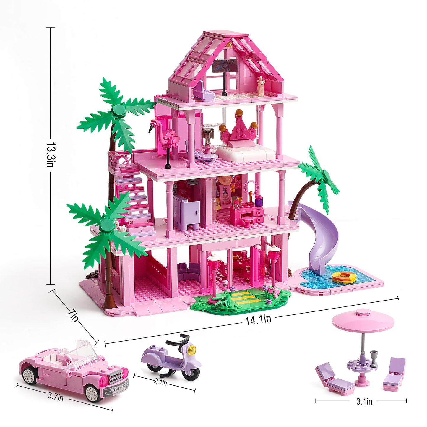 Girls House Building Sets Compatible with Lego Friends for Girls Age 8-12, 4-Story Pink Villa Building Blocks Toys with Pull-Out Floors, 903 Pieces Great Birthday Gift for Girls 8-14