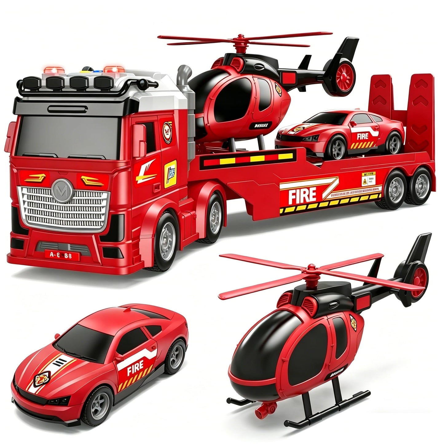DWIRCTOYS Kids Toys for Ages 3 4 5 6 7 8 Years Old Boys, 25" Large Fire Semi Truck with Helicopter & Race Car, Friction Powered Vehicle with Lights & Sounds,Birthday Gift for Boys Girls