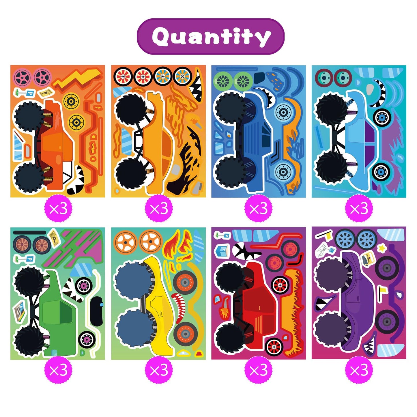 24 Sheets Monster Truck Sticker, Monster Truck Party Favor, Make Your Own Stickers Cartoon Car Make-a-face Stickers Classroom Activities Birthday Gift for Girls Boys