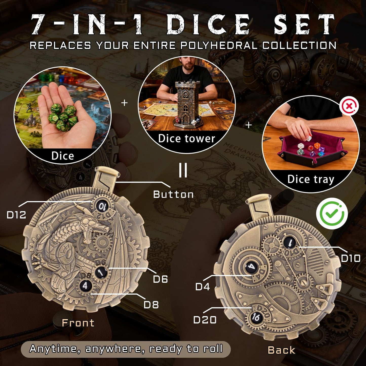 MinZerTRPG Roulette Dice 3.0 – Steampunk Dragon Spinner Dice for DND | 7-in-1 Metal Tabletop RPG Dice Set with Pouch | EDC Gadget Gift for Dice Goblins, DM & Fantasy Engineers (Steampunk Dragon A)