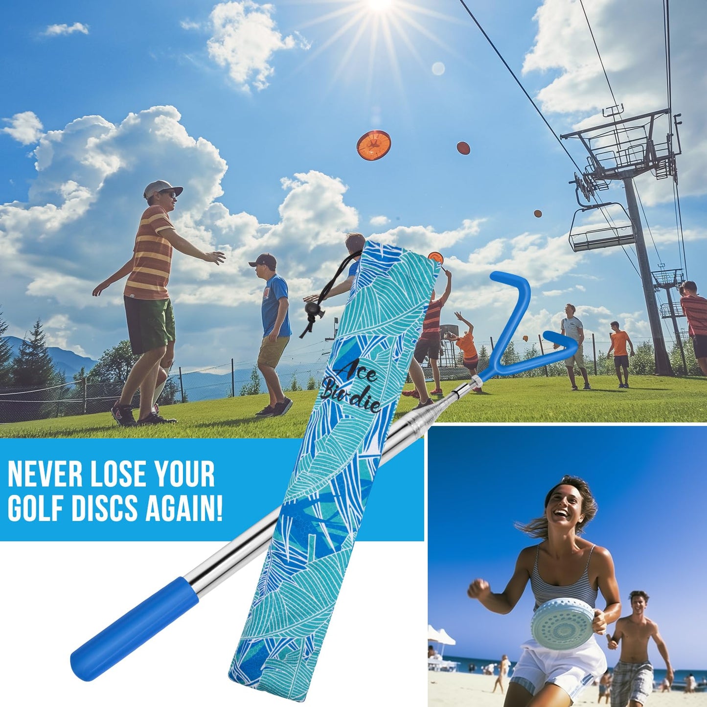 Acebirdie Disc Golf Retriever Pole 16 Feet, Telescopic Discs Retriever with Durable Stainless Steel Frame and Carry Bag - Extendable Golf Accessories Grabber to Retrieve Discs in Water, Trees, Bushes