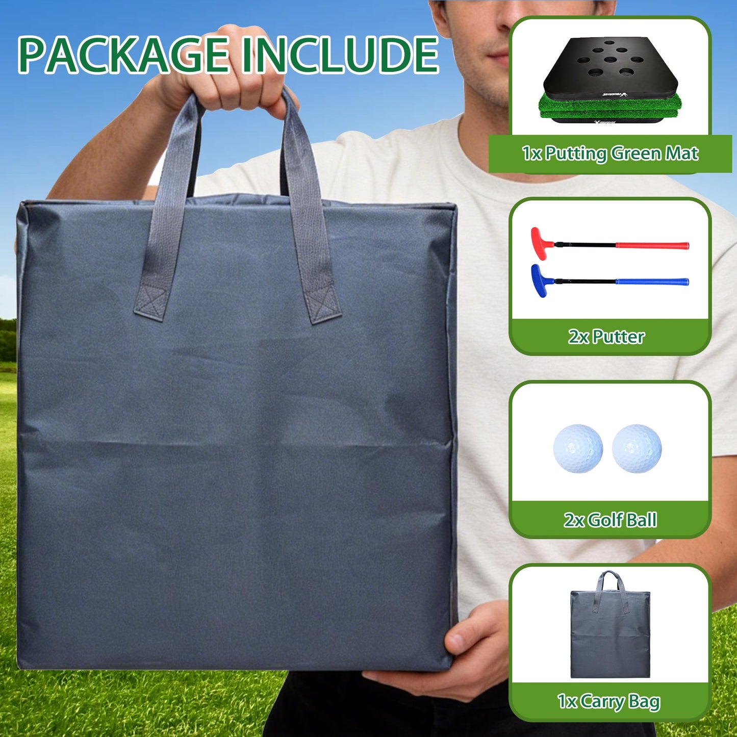 VERDIGRASS Golf Putting Game Set for Indoor & Outdoor,Portable Golf Pong Putting Green Mat with 2 Putters, 2 Balls,16 Hole Covers, 1 Storage Bag for Home, Backyard, Office & Party,Great Gifts for Men