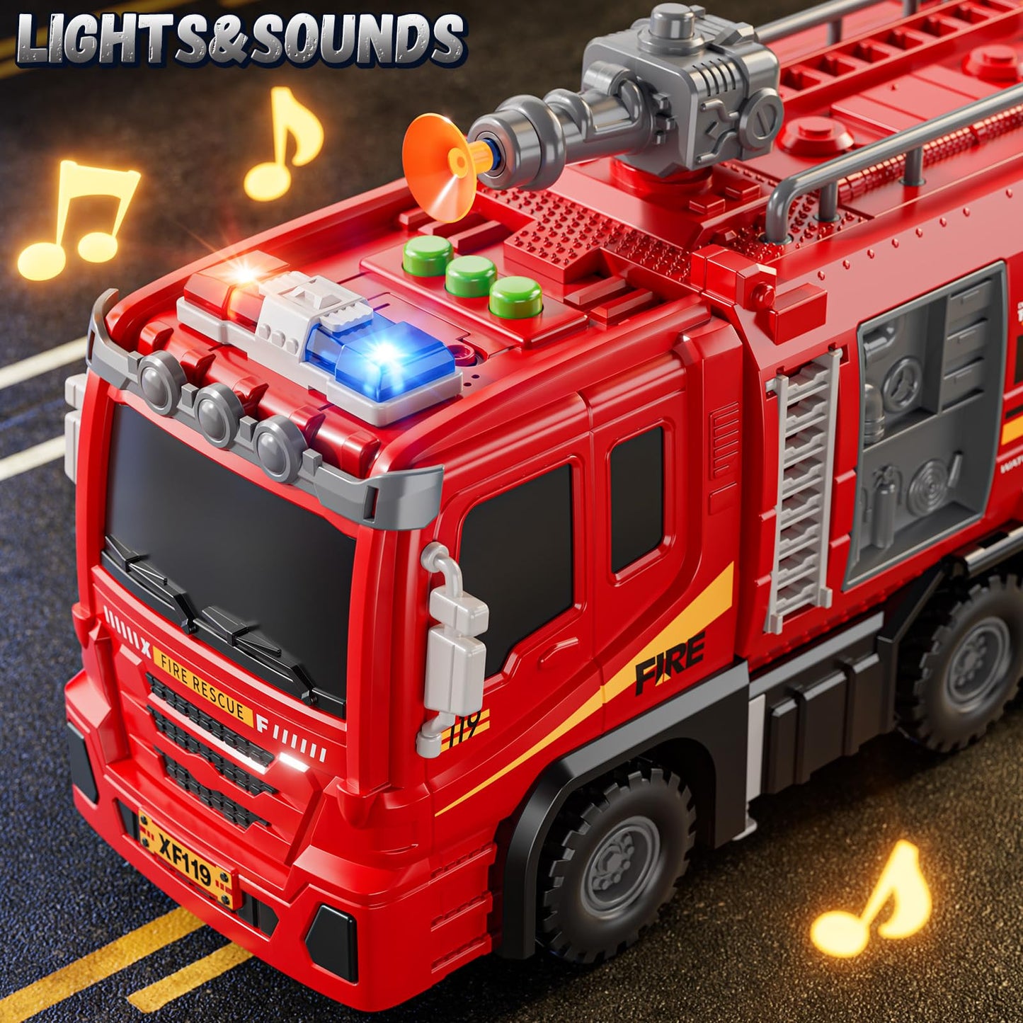 XINNOVEL Fire Trucks Toys for Toddlers Ages 3-5, Folded Carrier Truck Race Track with with Lights & Sounds and 6 Racing Car Toys, Birthday Gift for 3 4 5 6 7 8 Years Old Boys Girls