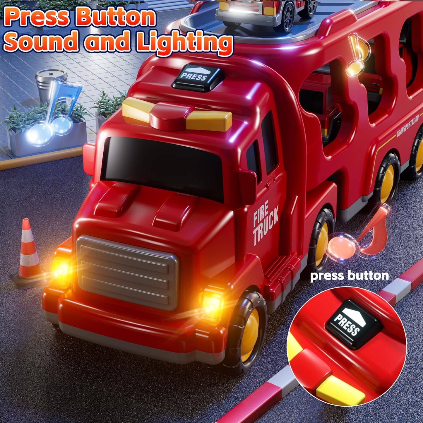 KIZONLY Fire Truck Toys for Toddler 1-3 3-5, 7-in-1 Fire Car Carrier Vehicle Set for Girls 1 2 3 4 5 6 Years Old, Transport Car with Light Sound, Birthdays Gifts for Kids Girls Aged 3-9