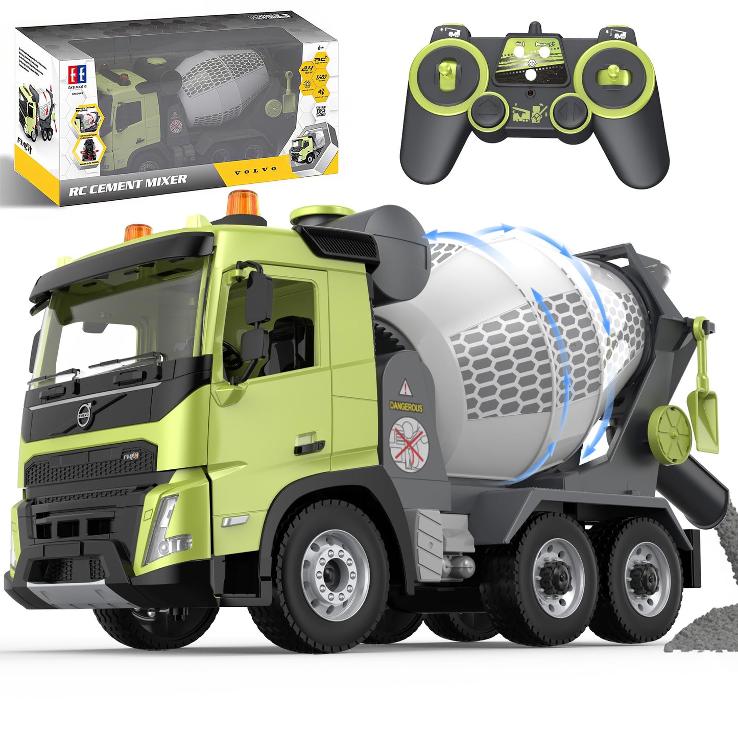 Double E Volvo FMX 1:20 RC Cement Mixer Truck - 360° Rotating Drum + 7 Realistic Sounds & LED Lights, 2.4GHz Anti-Interference for Multi-Vehicle Play - Construction Toy Adults