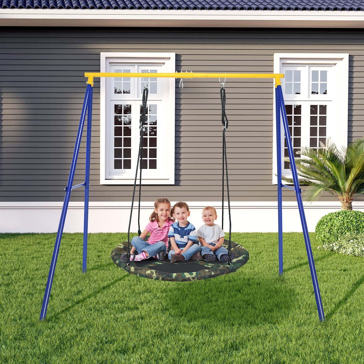 LDAILY Moccha Flying Saucer Tree Swing, Giant 40” Round Swing with Metal Frame, Adjustable Hanging Rope, Waterproof 600D Oxford Cloth, Indoor Outdoor Swing for Backyard, Playground (Camo Green)