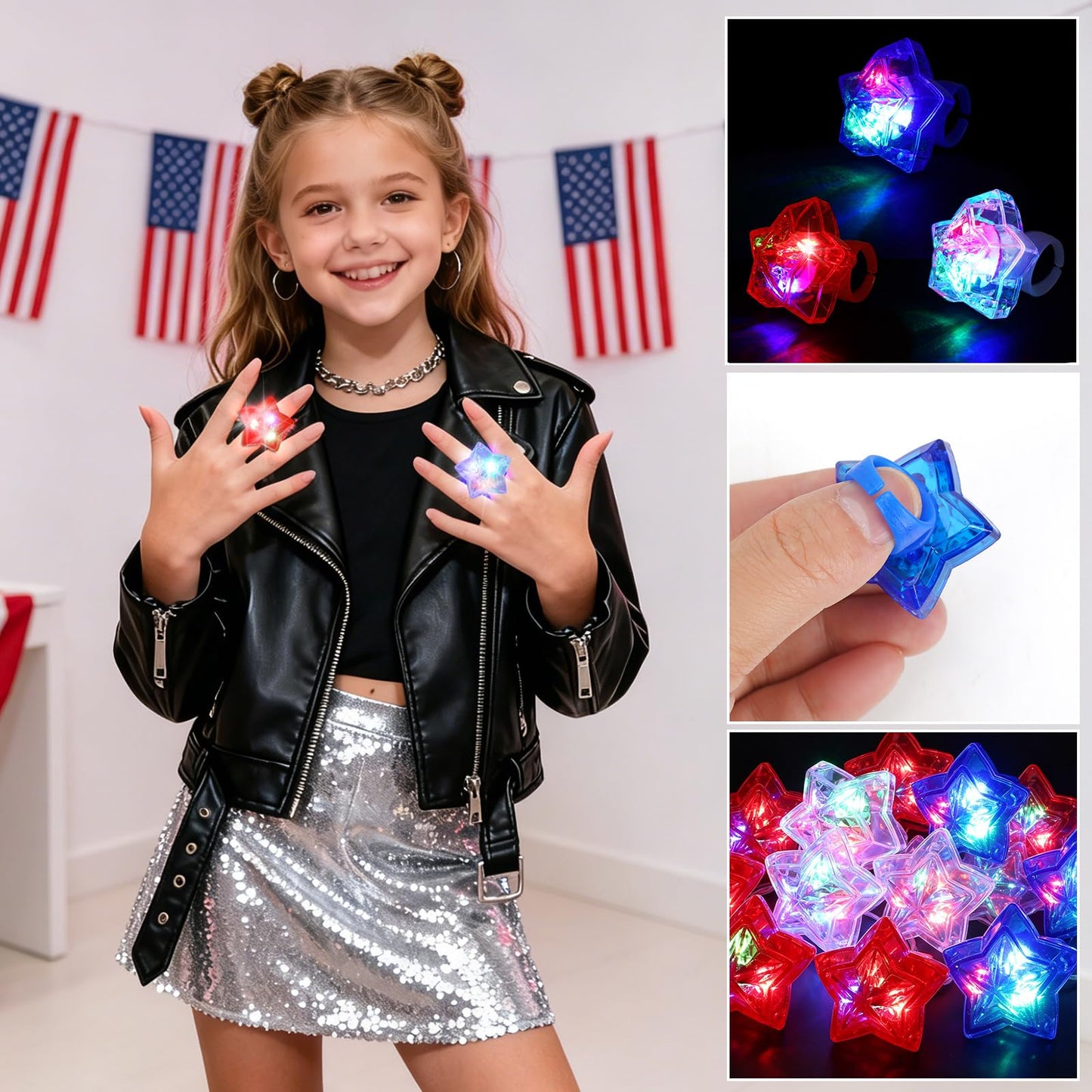 NORWANG 12 Pack Patriotic Light Up Rings, 4th of July Party Favors Red White Blue Glowing Star Accessories Finger Lights for Adults Memorial Day Independence Day Decoration Gifts Toy