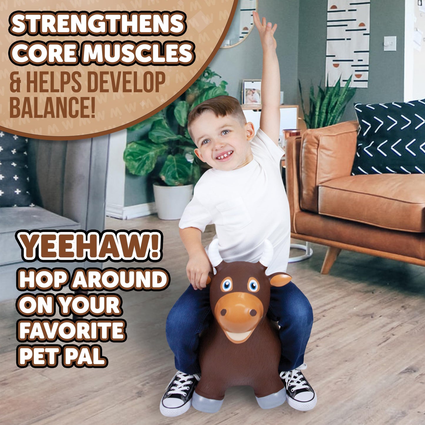 WADDLE Bouncy Hopper Inflatable Hopping Animal, Indoors and Outdoors Toy for Toddlers and Kids, Pump Included, Boys and Girls Ages 2 Years and Up (Brown Bull)
