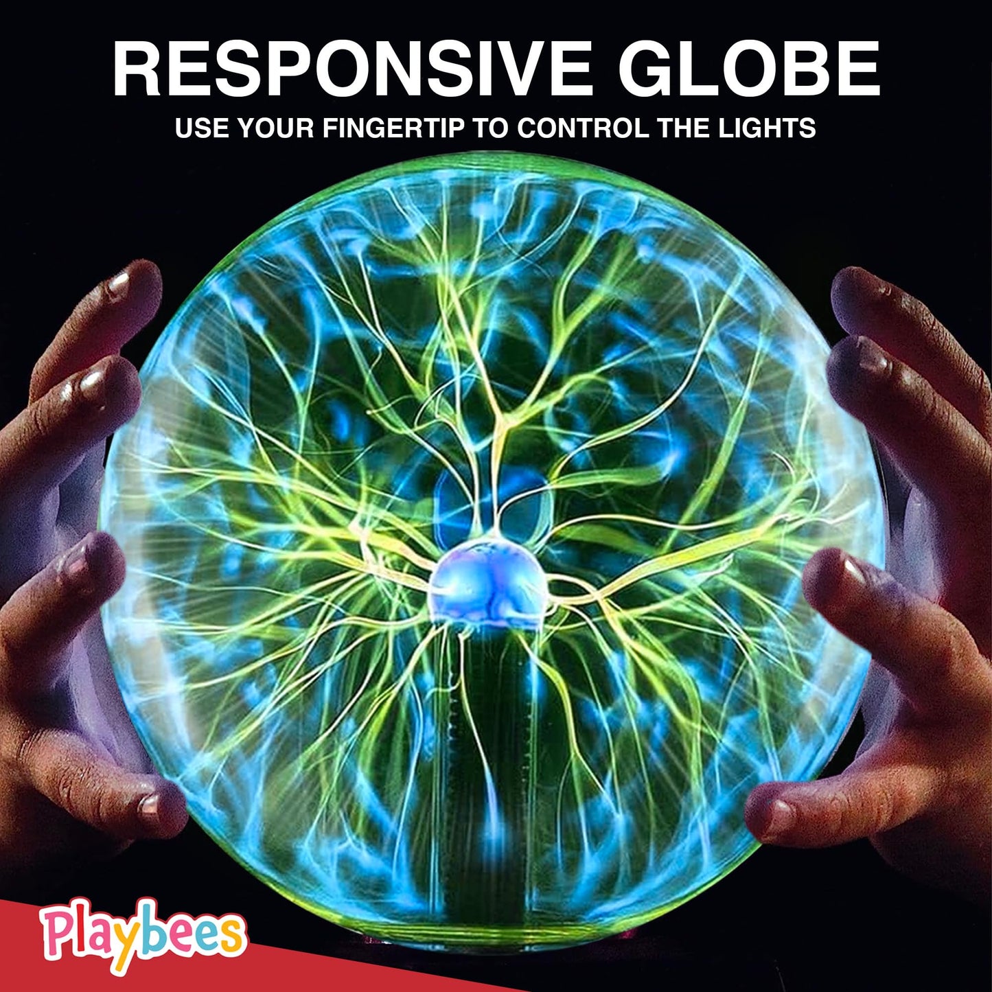 Playbees Green Plasma Ball - 7 Inch - Tesla Coil Bulb Static Electricity in a Vacuum Pressurized Glass Globe, Nebula Thunder Lightning, Plug-in - for Parties, Decorations, Prop, STEM
