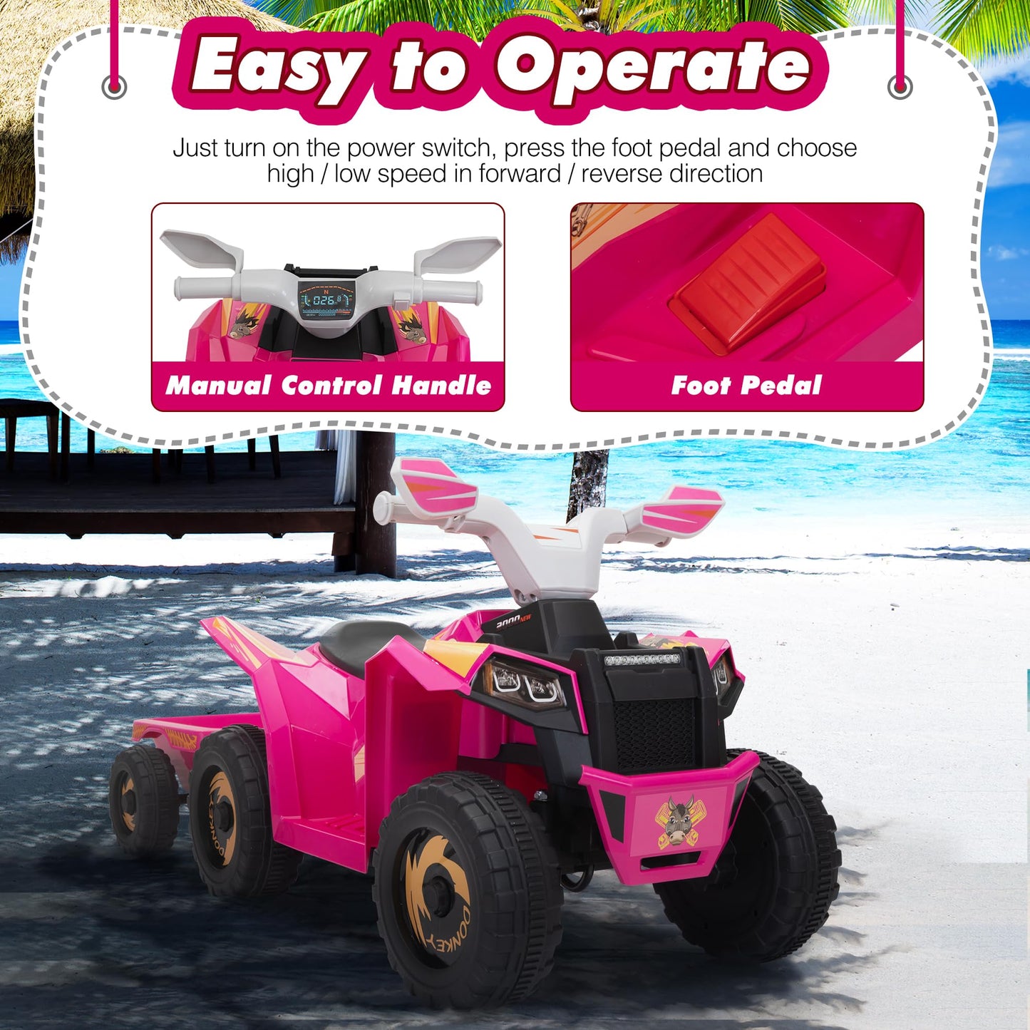 TOBBI 6V Electric Kids Ride On Toy Car with Trailer, Toddler 4 Wheeler Powered Vehicle to Drive with Music/Battery Volume Display for Children Age 3-6 -Rose Red