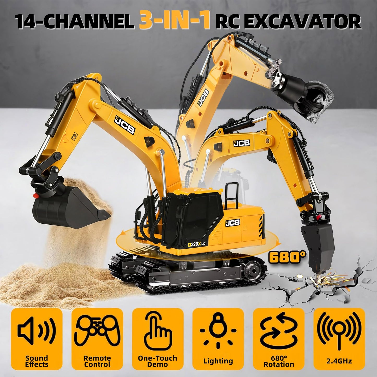 Official JCB BRRRRT 3-in-1 Remote Control Excavator Construction Vehicles with Drill Bit, Grab Bucket & Digging Hook, 14-Channel RC Excavator with Lights & Sounds for Kids Ages 3+