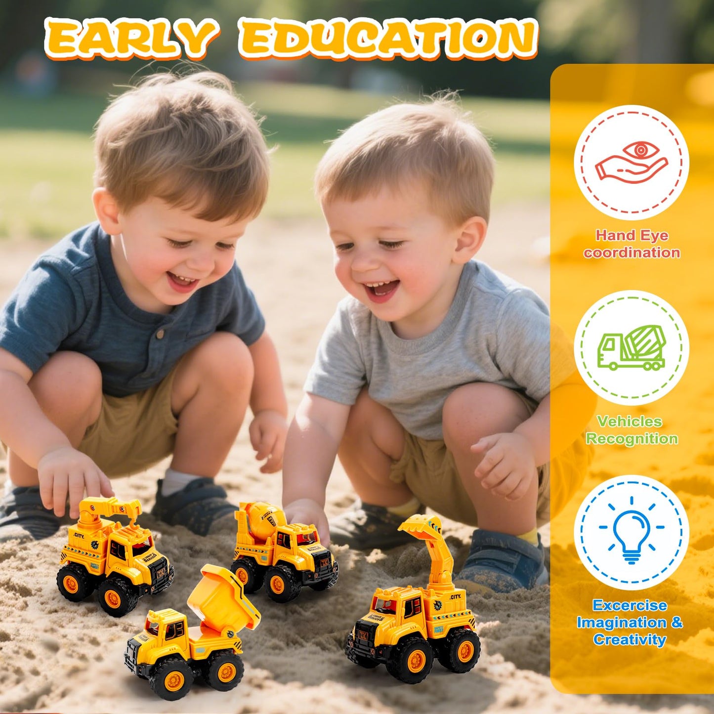 Lovinkiki Construction Truck Toys for Toddlers 1-3, Push and Go Toy Vehicles Set with Mixer, Dump Truck, Excavator, Bulldozer, Friction Powered Cars for Boys and Girls, Gift for 2 3 4 5 Year Old Kids