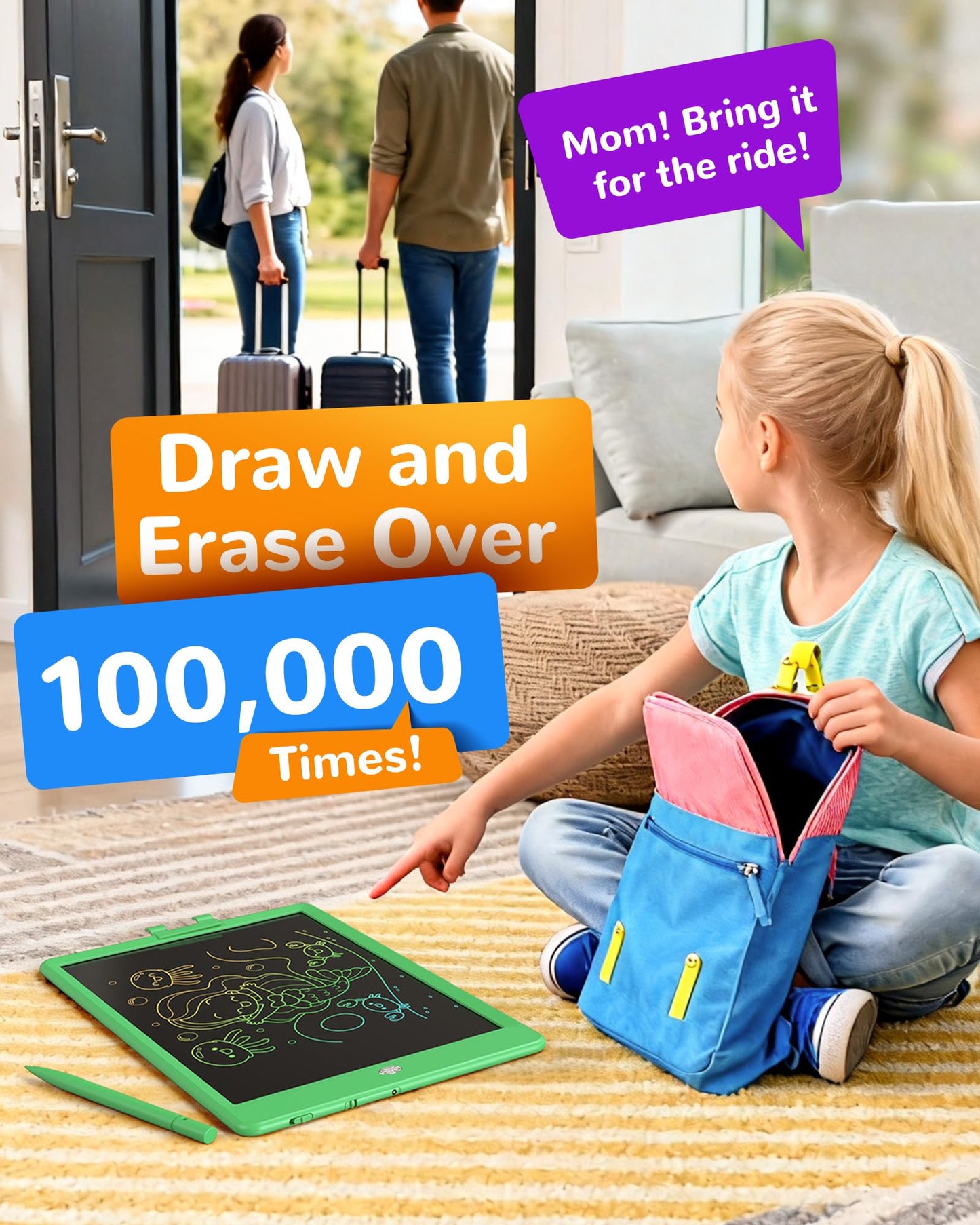 KOKODI LCD Writing Tablet, 10 Inch Colorful Toddler Doodle Board Drawing Tablet, Erasable Reusable Electronic Drawing Pads, Educational and Learning Toy for 3-6 Years Old Boy and Girls(Green)
