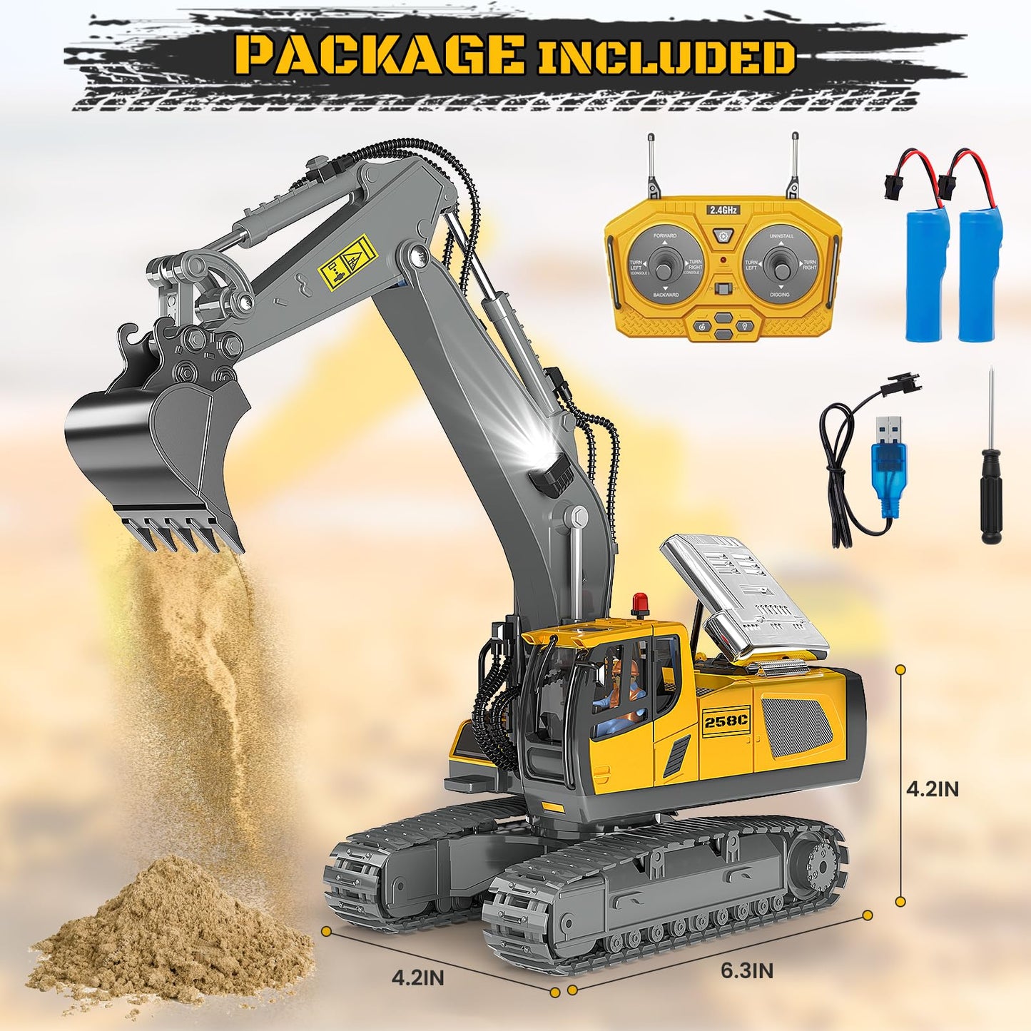 Remote Control Excavator Toy RC Play Excavator Construction Vehicles, 11CH 2.4Ghz RC Sand Digger with Metal Shovel & Light, Construction Truck Toys for Boys 3 4 5 6 7 8-12 Year Old Kids Birthday Gifts