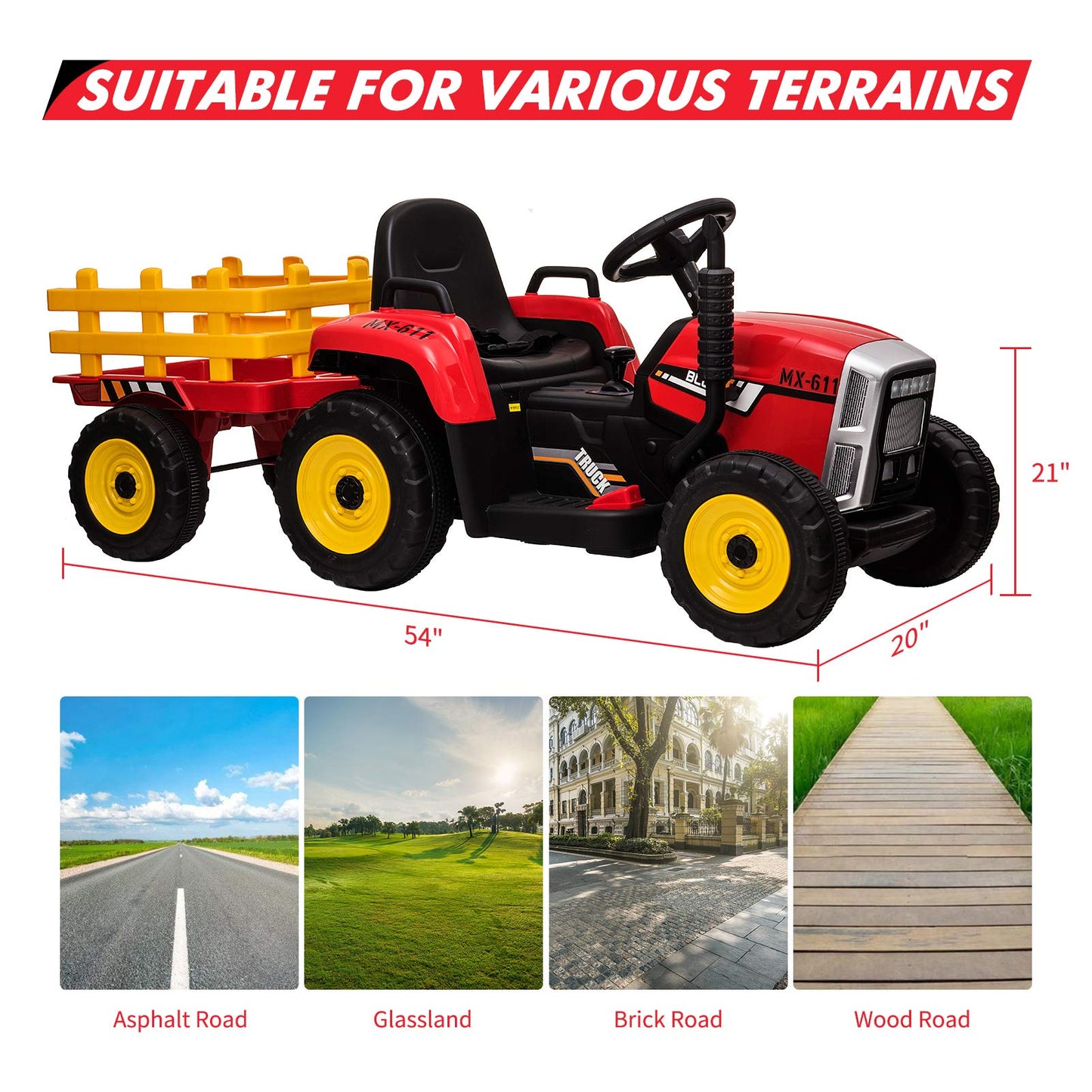 Nasitip 12V Kids Battery Powered Electric Tractor with Trailer, Toddler Ride On Car w/Remote Control/ 7-LED Headlights/ 2+1 Gear Shift/Horn/ MP3 Player/USB Port (RED, 25W/ Tread Tire)