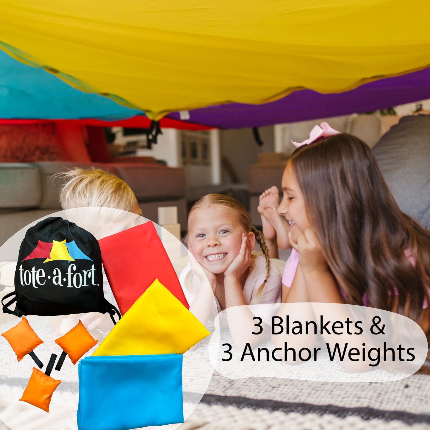 Tote a Fort Original Blanket Fort Building Kit for Kids, 3 Blanket TOTEAFORT Toy, Make a Portable Playhouse, Play Tent Boy and Girl Indoor Outdoor Build Set, STEM Children Toy, Ages 4, 8, 12 +